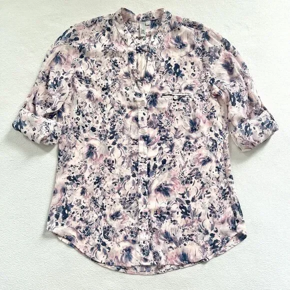 Kut from the Kloth Jasmine Pink Blue Floral Semi-Sheer Button Roll-Tab Blouse XS - Picture 2 of 10